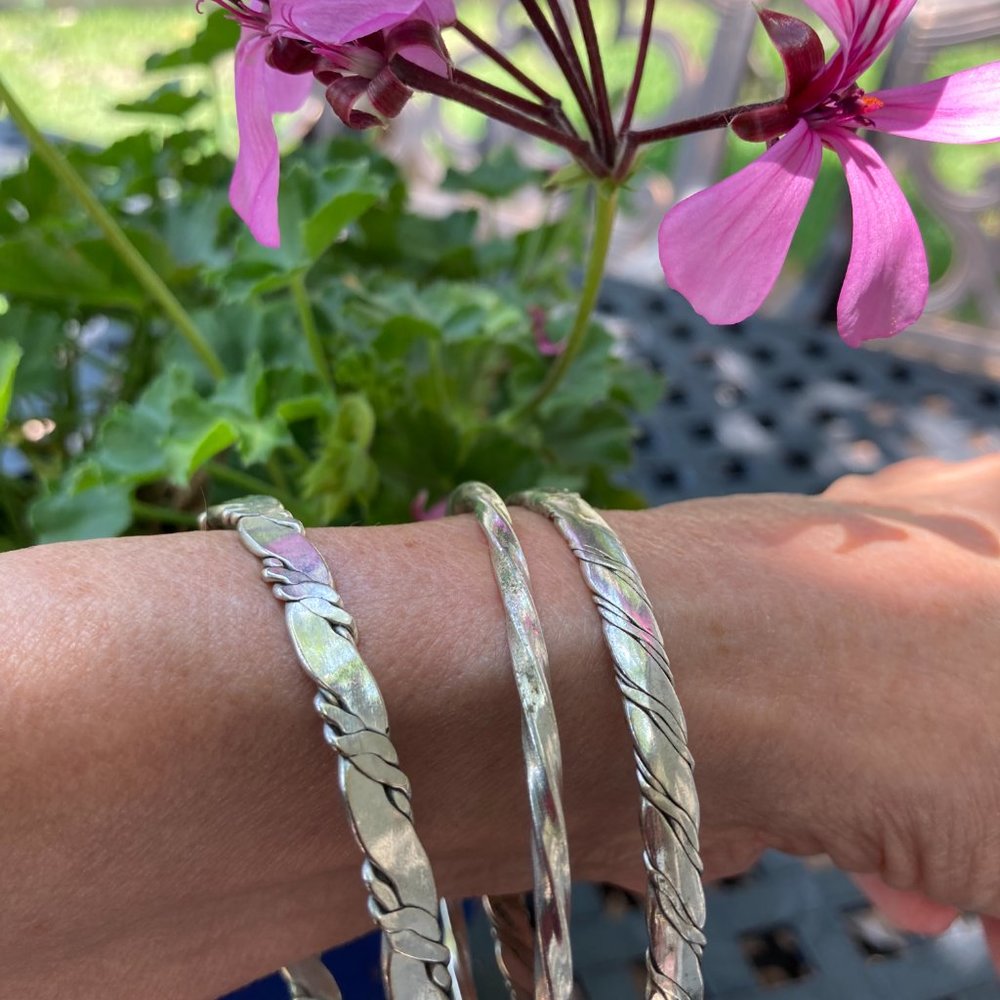 Vintage 80s Mexican Silver Bangle Bracelets Set of 3